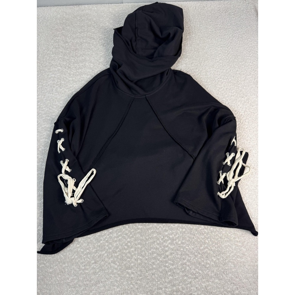 POL Hoodie Womens Large Black Cowl Neck Lace Up Sleeve Pullover Relaxed Fit